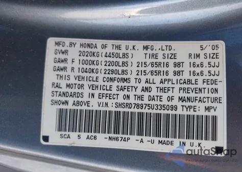 2005 Honda Cr-V Se из США, поврежденный, VIN SHSRD78975U335099